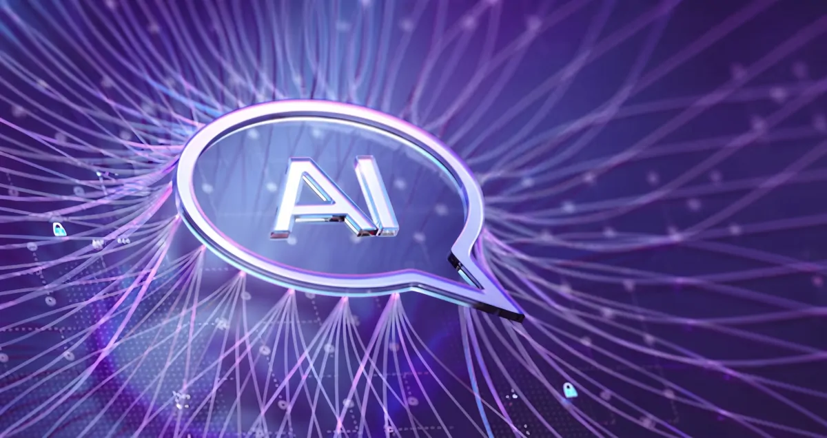 An AI chat bubble at the centre of a glowing network of connected data lines, representing AI agents running in production