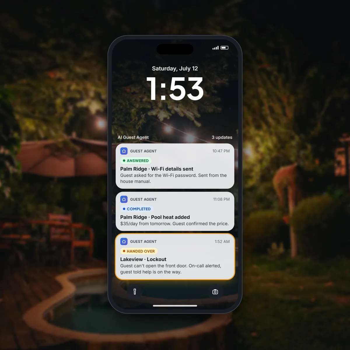 Property manager's phone showing AI guest agent notifications: Wi-Fi answered, pool heat added after guest consent, lockout passed to on-call.