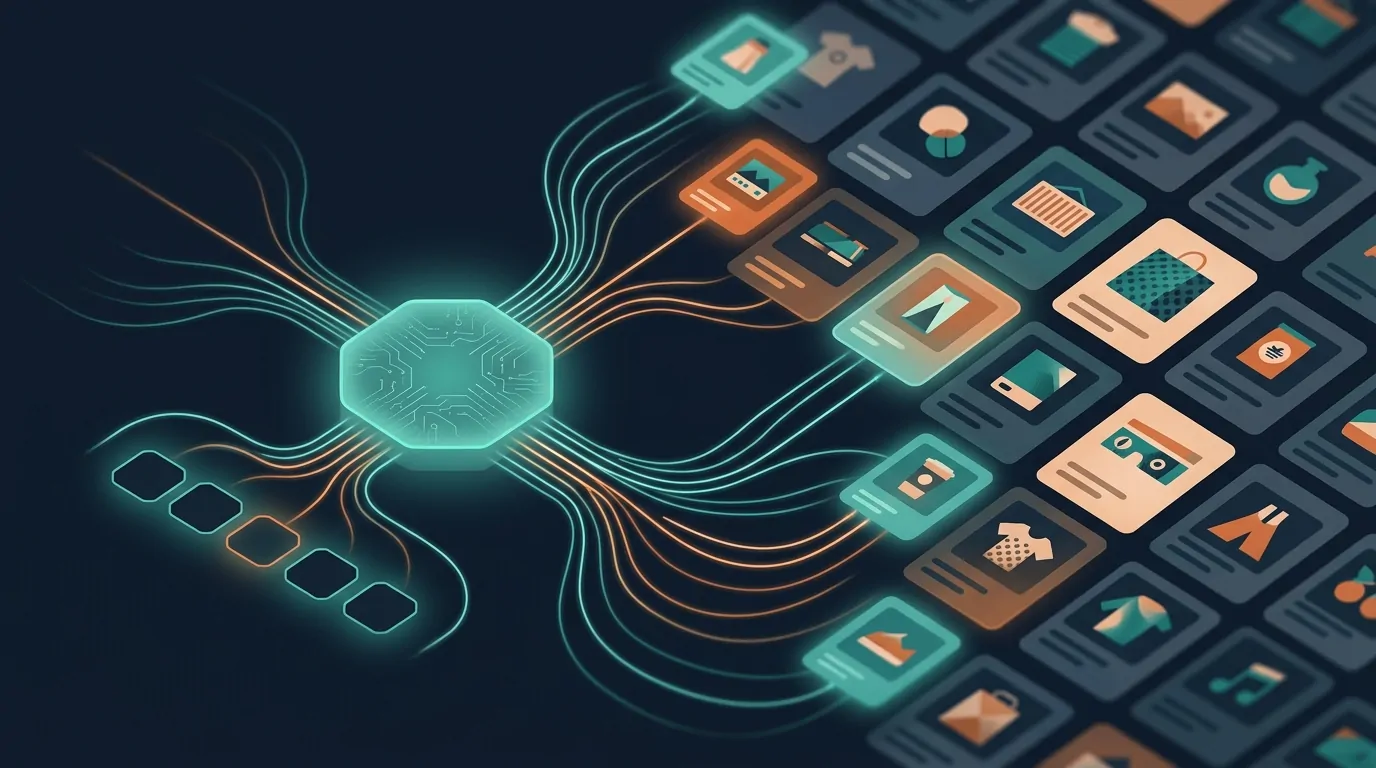 An AI shopping agent connected to a grid of product-catalog cards by glowing data lines