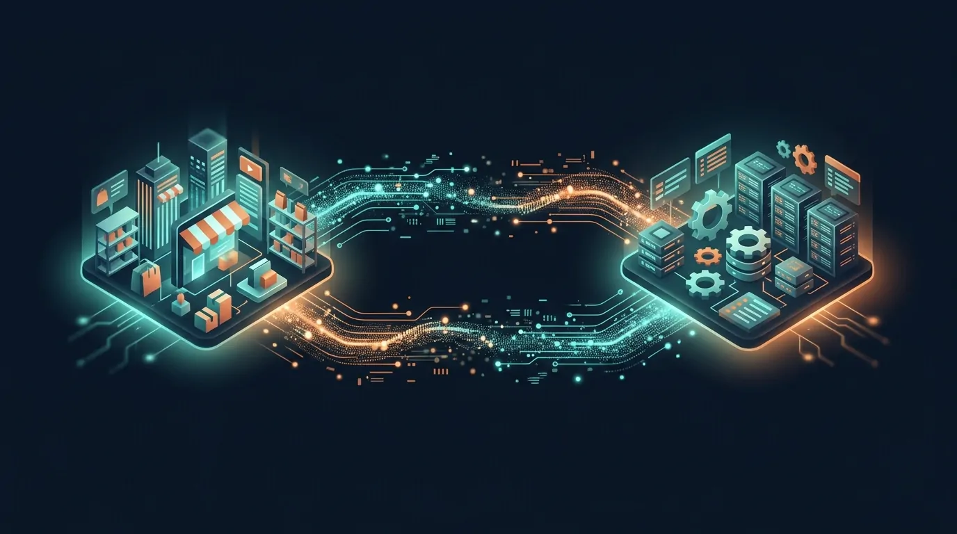 An isometric storefront and ERP system linked by two-way data streams