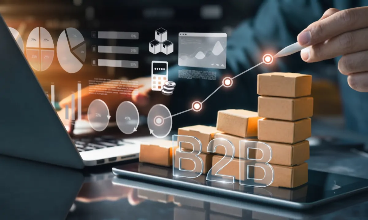 A buyer tracks B2B orders on a tablet with stacked shipping boxes and sales analytics charts