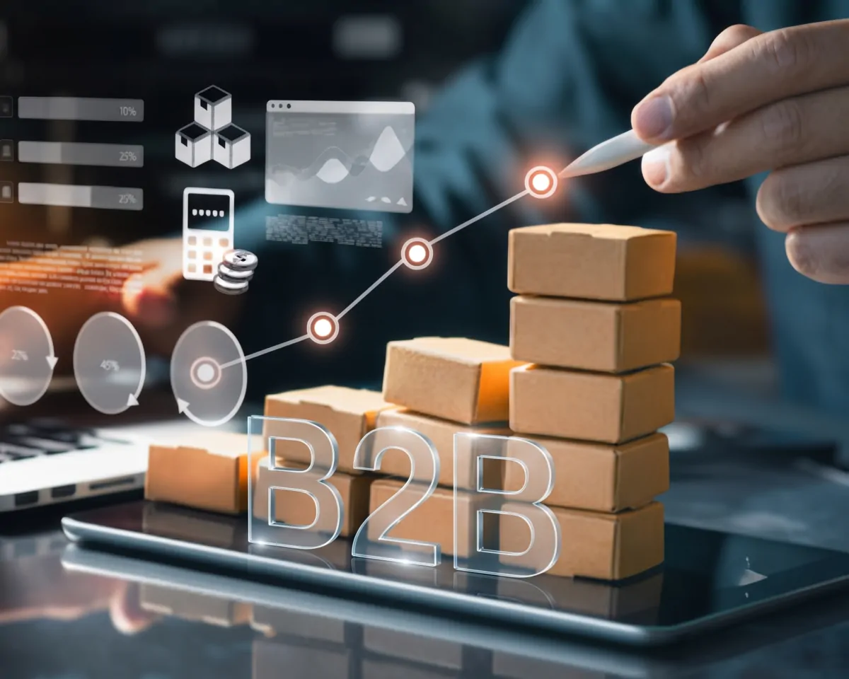 A distributor reviews rising B2B order volumes on a tablet, with stacked shipping cartons and sales analytics charts