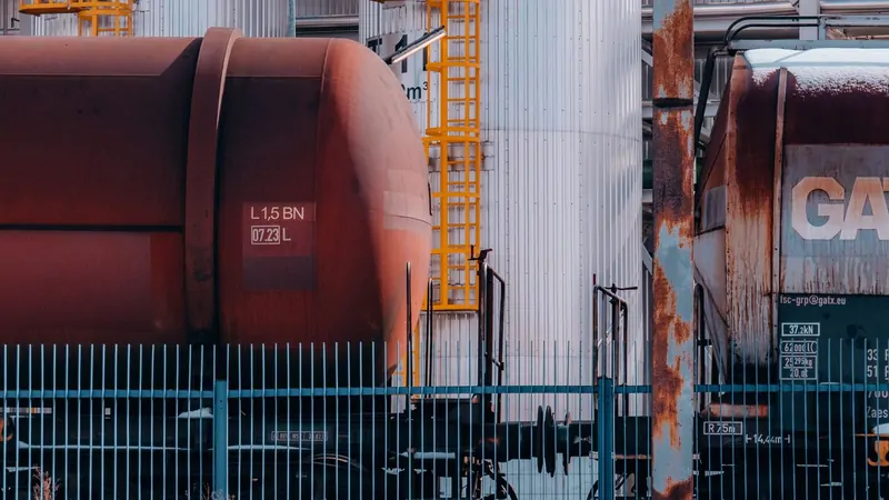 Rail tank wagons beneath the fuelling gantry at a fuel terminal