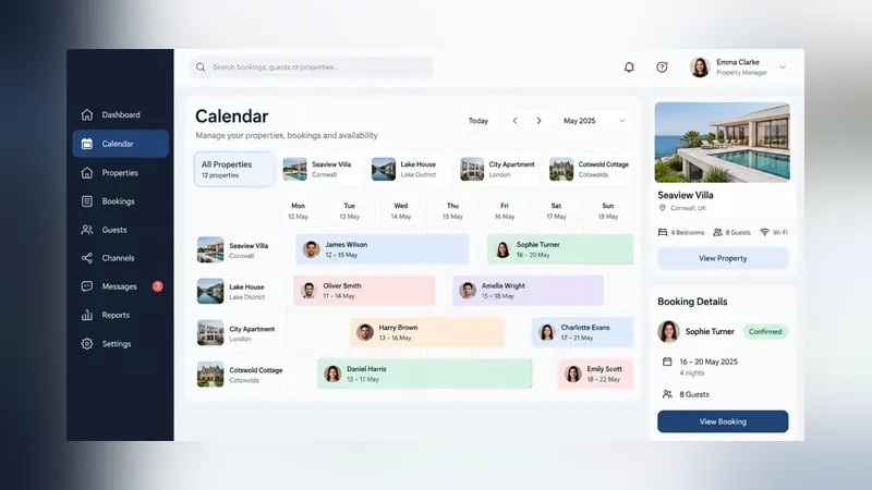 Luxury villa booking calendar dashboard showing multi-property availability, guest bookings and villa details