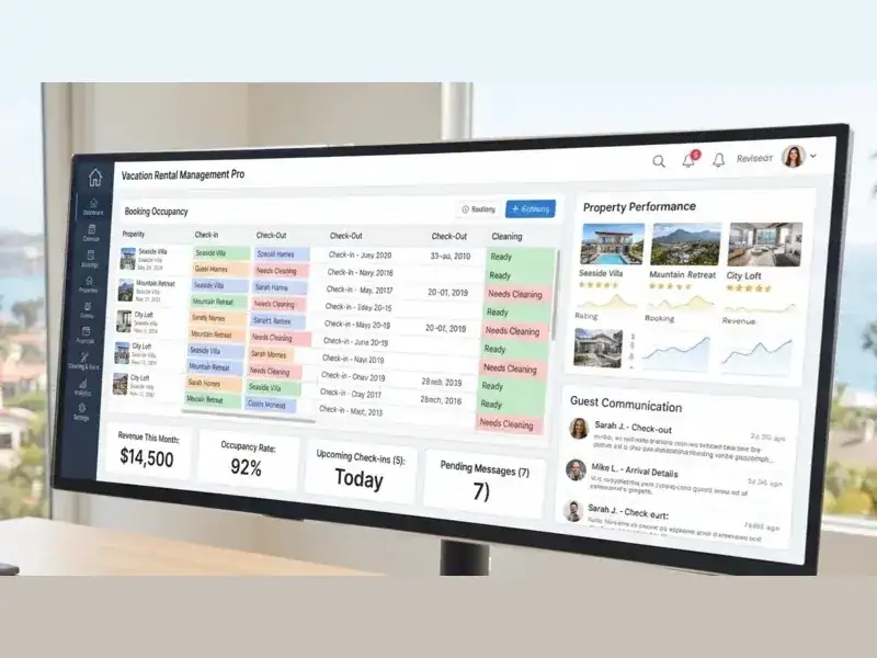 Vacation rental management software dashboard showing bookings, occupancy, revenue and guest messages for an Orlando-area operator