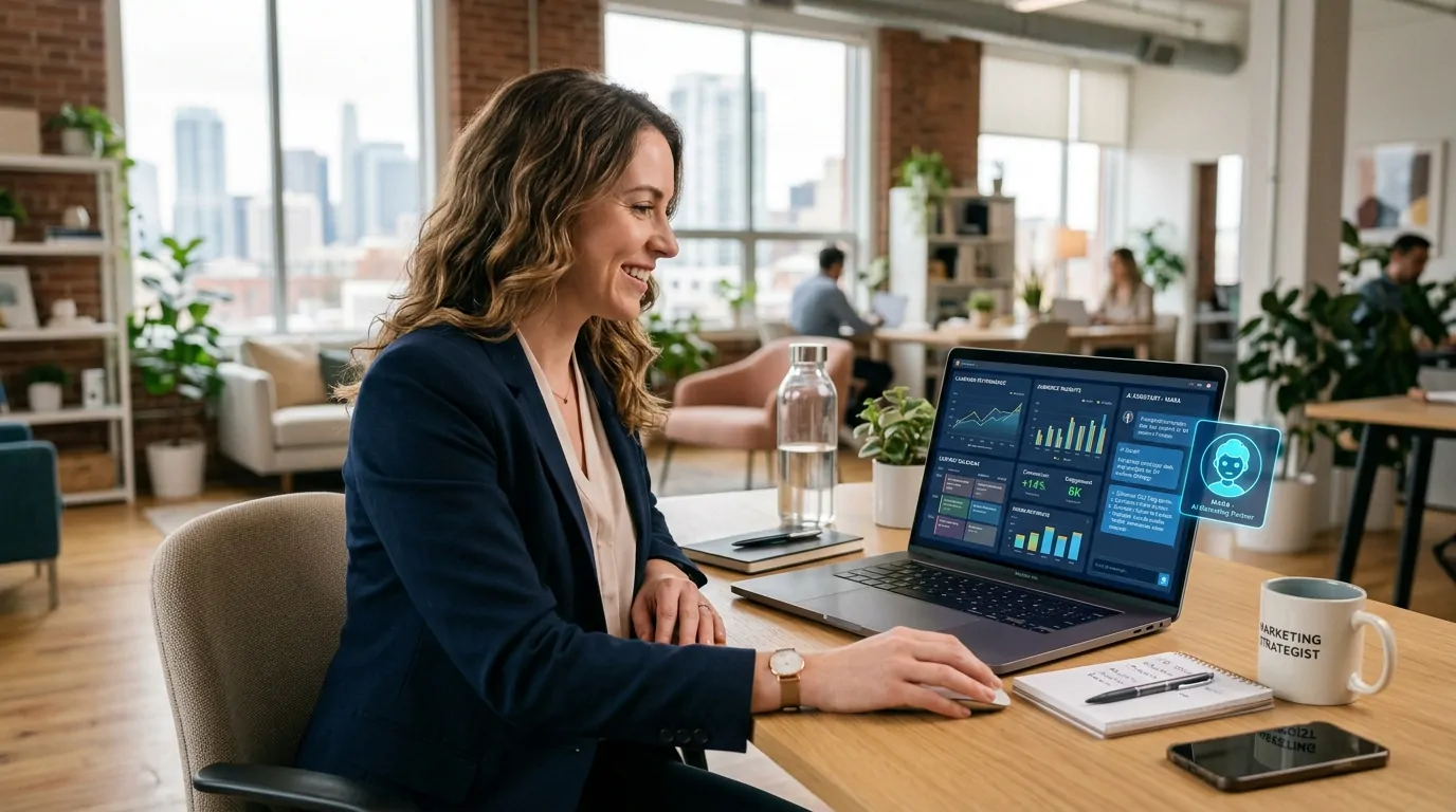 A marketer reviewing an AI-assisted campaign dashboard