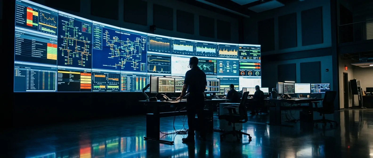 An industrial SCADA control room with monitoring screens
