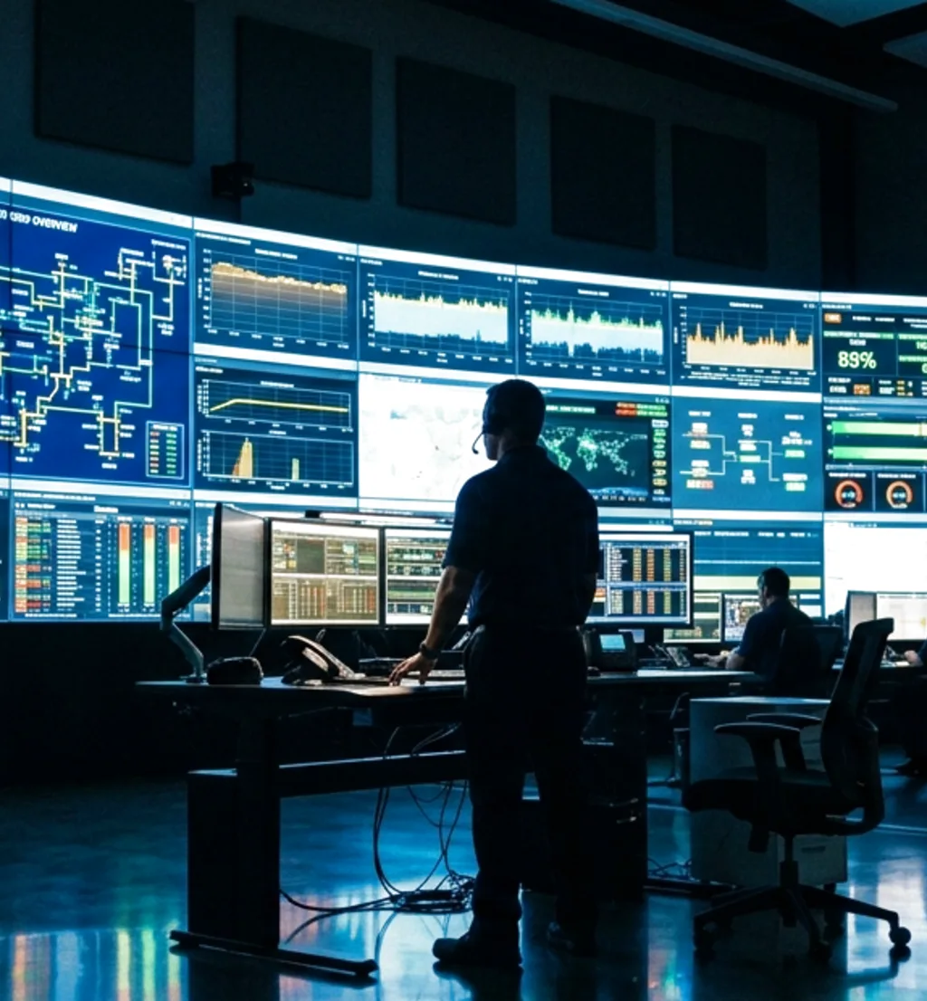 Operators at a SCADA control room wall monitoring live power and fuelling operations - the kind of industrial automation software we build