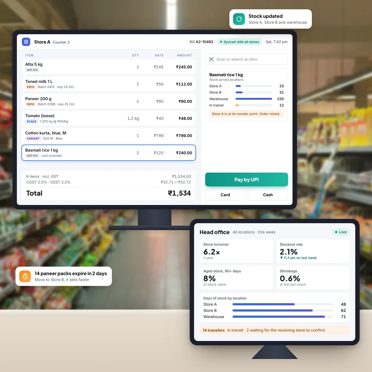 Store POS billing groceries with batch, expiry and GST, beside a head-office tablet showing stock across stores