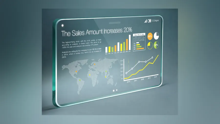 POS software sales analytics dashboard on a tablet - charts, a regional sales map and rising revenue for a multi-store retail chain
