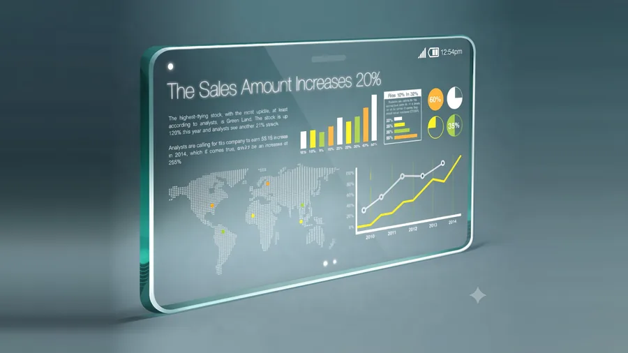 POS software sales analytics dashboard on a tablet - charts, a regional sales map and rising revenue for a multi-store retail chain