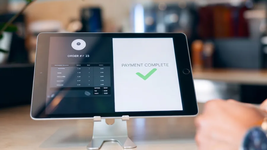 Retail POS system on a counter tablet showing a completed payment beside the itemised order and totals