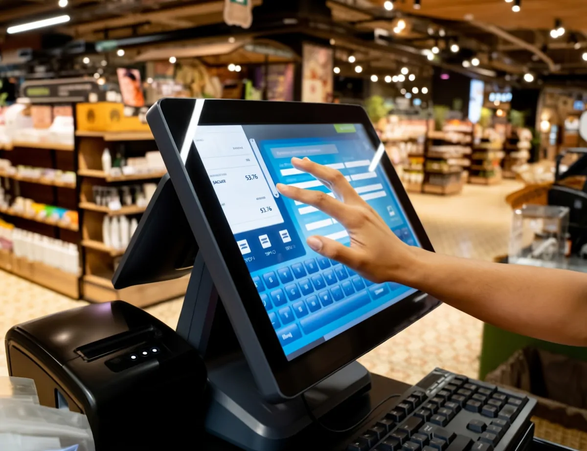 Cashier tapping a touchscreen POS terminal at a supermarket checkout, with a receipt printer and store aisles behind