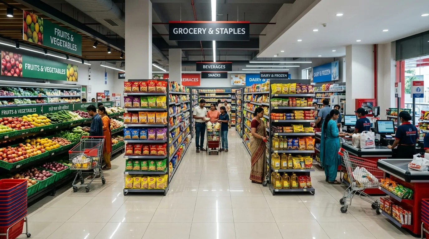 A modern Indian grocery supermarket interior with a checkout