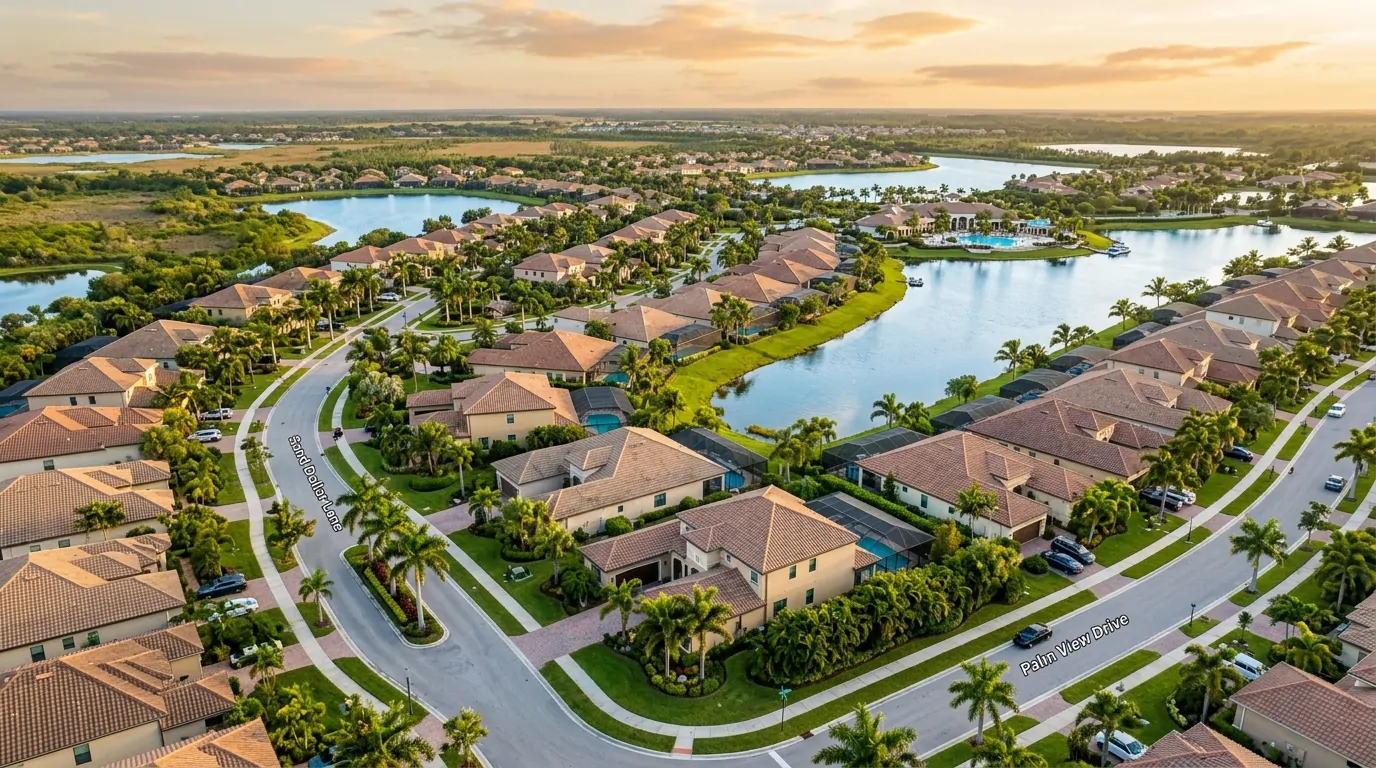Aerial view of a vacation-rental home community with pools