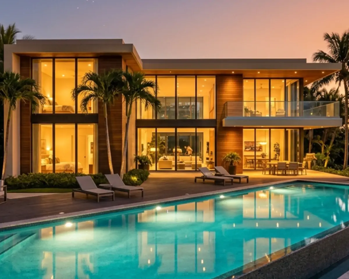 Luxury vacation-rental villa with a lit pool at dusk